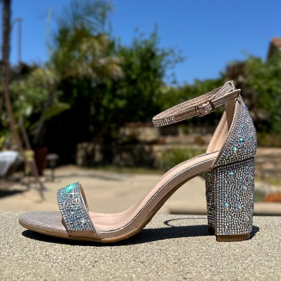 New Bling Gold Rhinestone Crystal Open Toe Dress Sandals Ankle Strap Block Heel - Picture 2 of 5